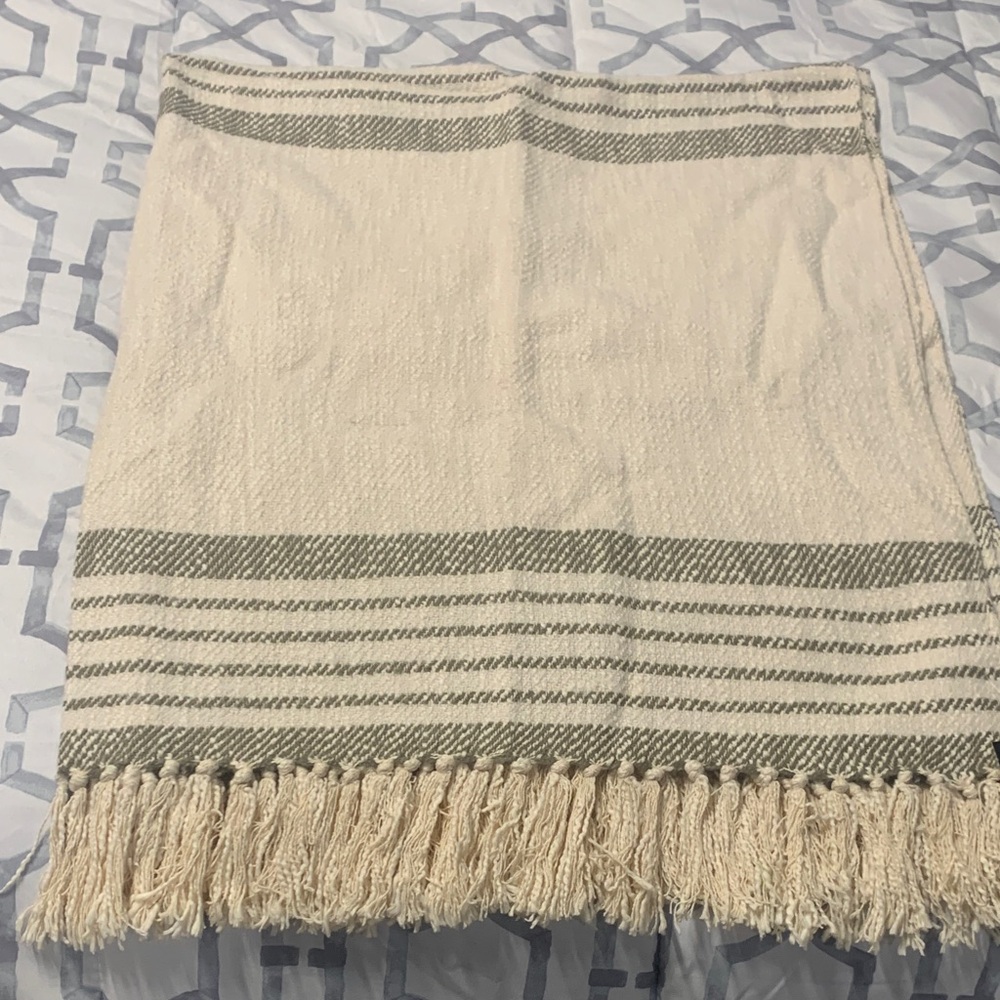 Cream and Gray Fringed Throw Blanket